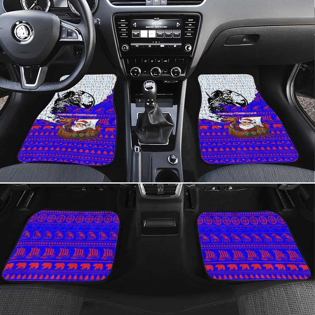 Viking Christmas Car Mats with Santa in Longship Dragon Head Helmet Runes Blue Red Knit Pattern Design - Wonder Print Shop