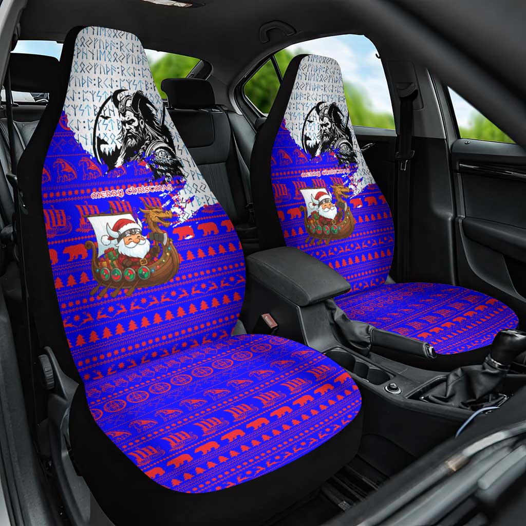 Viking Christmas Car Seat Cover with Santa in Longship Dragon Head Helmet Runes Blue Red Knit Pattern Design - Wonder Print Shop