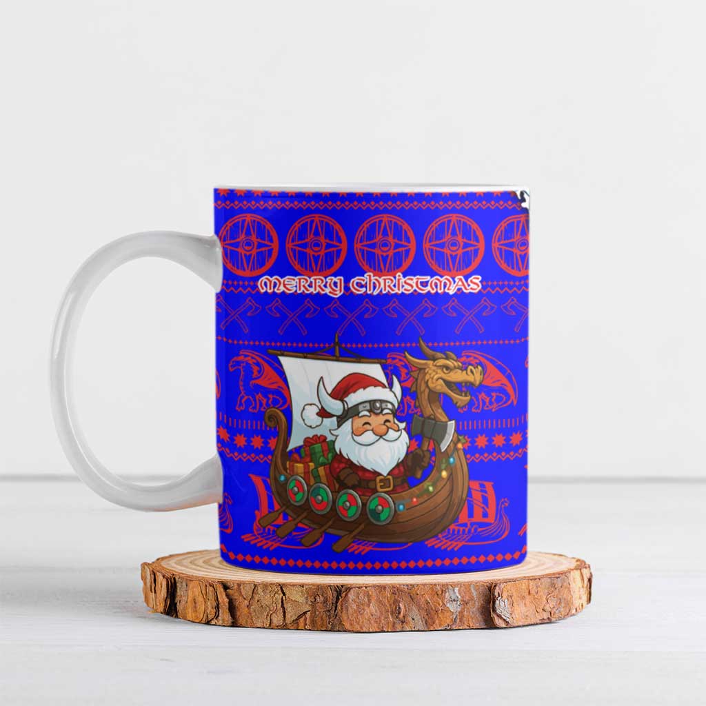 Viking Christmas Ceramic Mug with Santa in Longship Dragon Head Helmet Runes Blue Red Knit Pattern Design - Wonder Print Shop