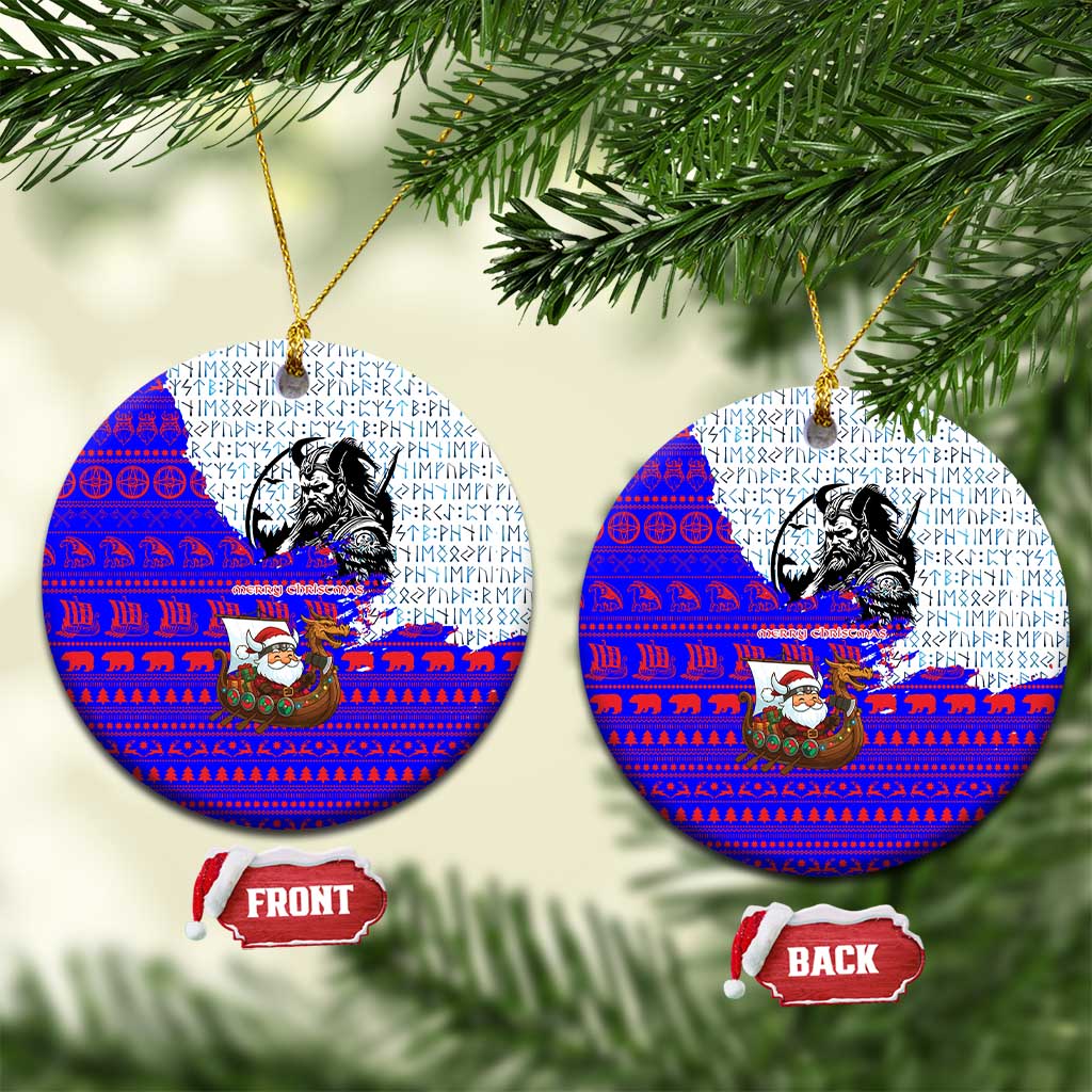 Viking Christmas Ceramic Ornament with Santa in Longship Dragon Head Helmet Runes Blue Red Knit Pattern Design - Wonder Print Shop
