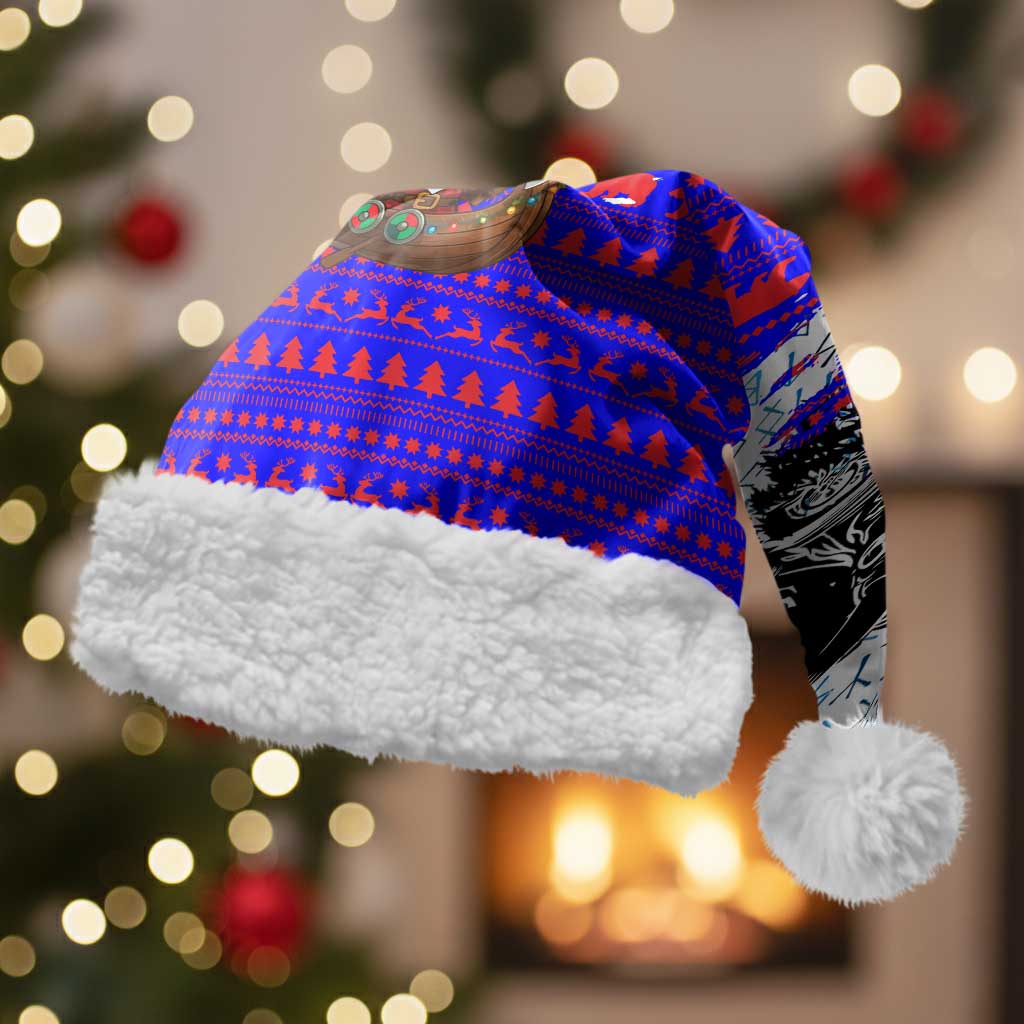 Viking Christmas Santa Hat with Santa in Longship Dragon Head Helmet Runes Blue Red Knit Pattern Design - Wonder Print Shop