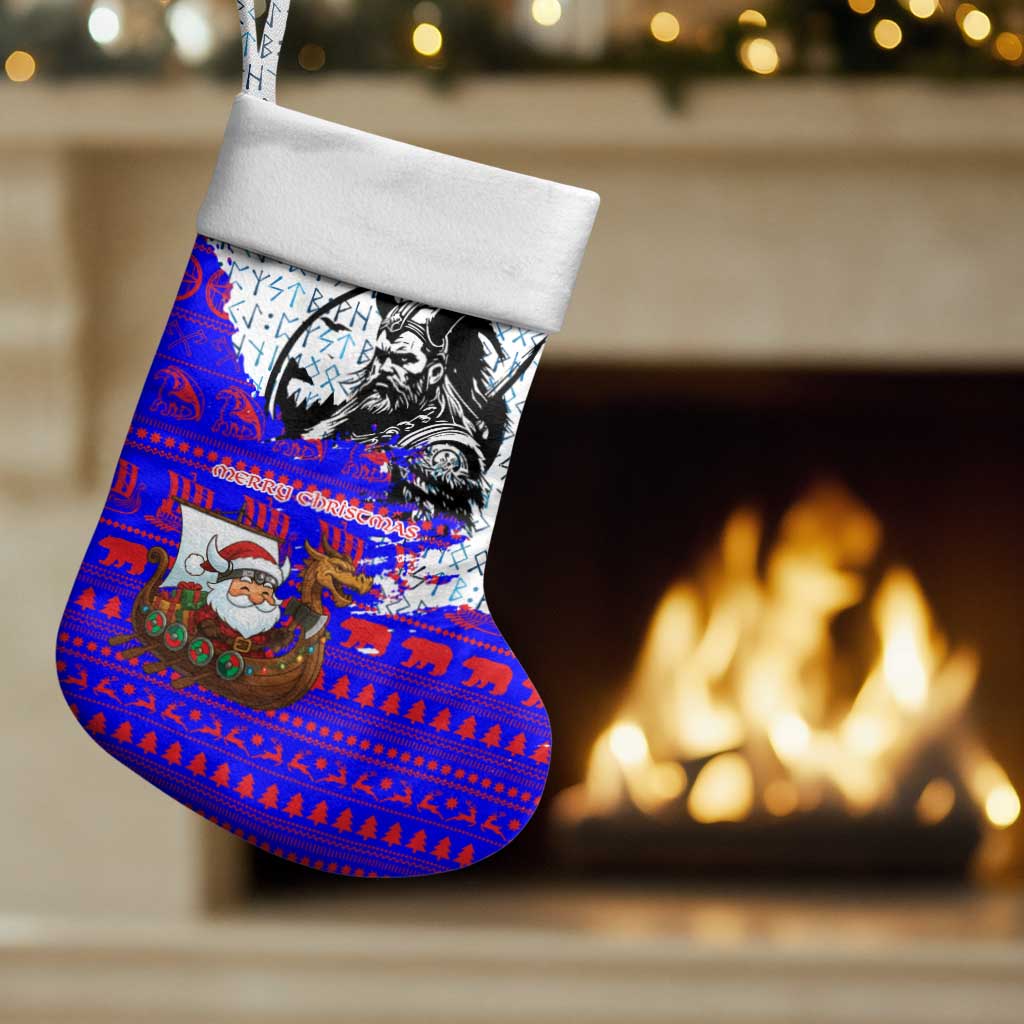 Viking Christmas Stocking with Santa in Longship Dragon Head Helmet Runes Blue Red Knit Pattern Design - Wonder Print Shop