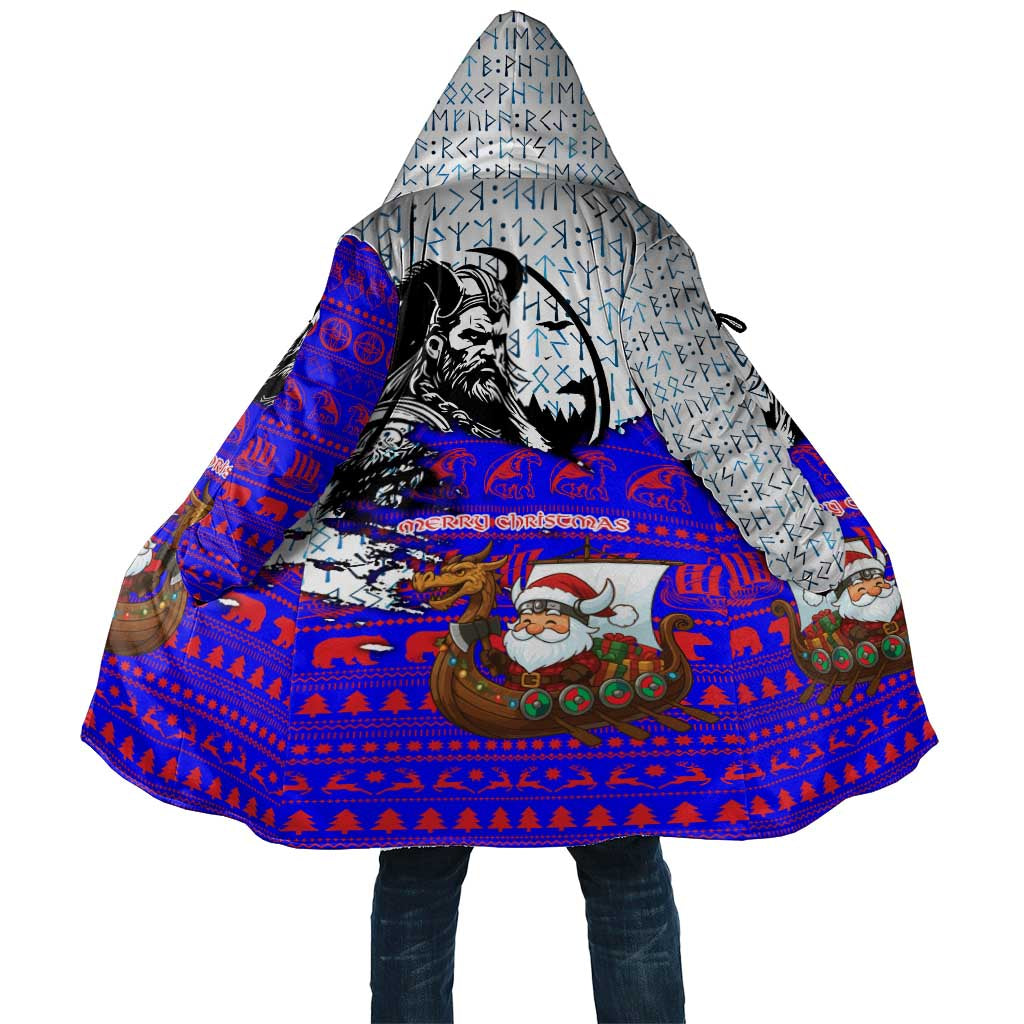 Viking Christmas Cloak with Santa in Longship Dragon Head Helmet Runes Blue Red Knit Pattern Design - Wonder Print Shop