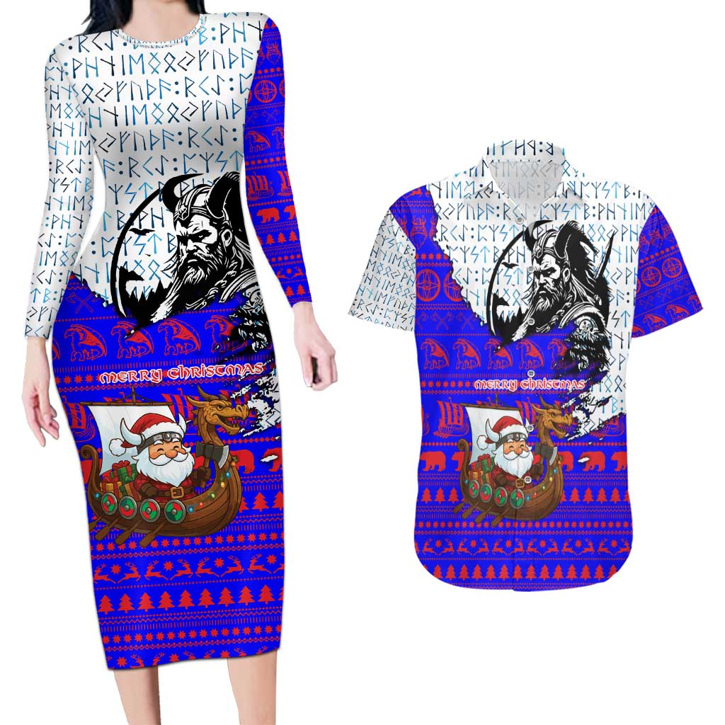 Viking Christmas Couples Matching Long Sleeve Bodycon Dress and Hawaiian Shirt with Santa in Longship Dragon Head Helmet Runes Blue Red Knit Pattern Design - Wonder Print Shop