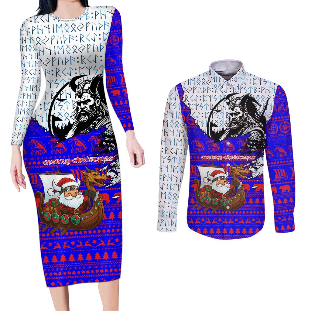 Viking Christmas Couples Matching Long Sleeve Bodycon Dress and Long Sleeve Button Shirt with Santa in Longship Dragon Head Helmet Runes Blue Red Knit Pattern Design - Wonder Print Shop