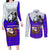 Viking Christmas Couples Matching Long Sleeve Bodycon Dress and Long Sleeve Button Shirt with Santa in Longship Dragon Head Helmet Runes Blue Red Knit Pattern Design - Wonder Print Shop