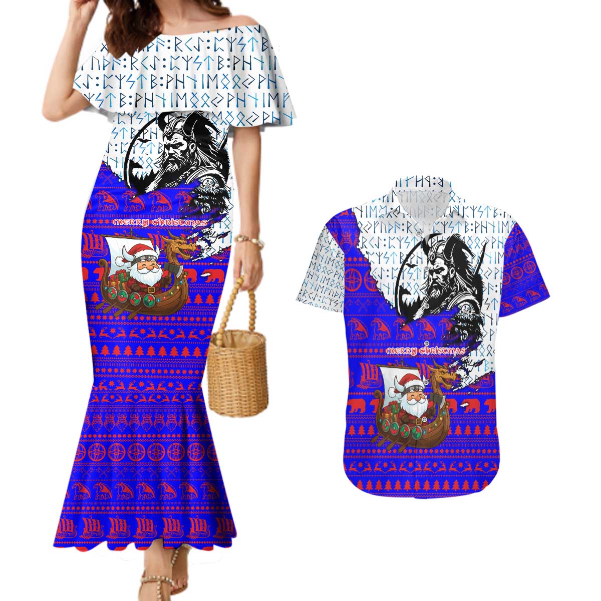 Viking Christmas Couples Matching Mermaid Dress and Hawaiian Shirt with Santa in Longship Dragon Head Helmet Runes Blue Red Knit Pattern Design - Wonder Print Shop