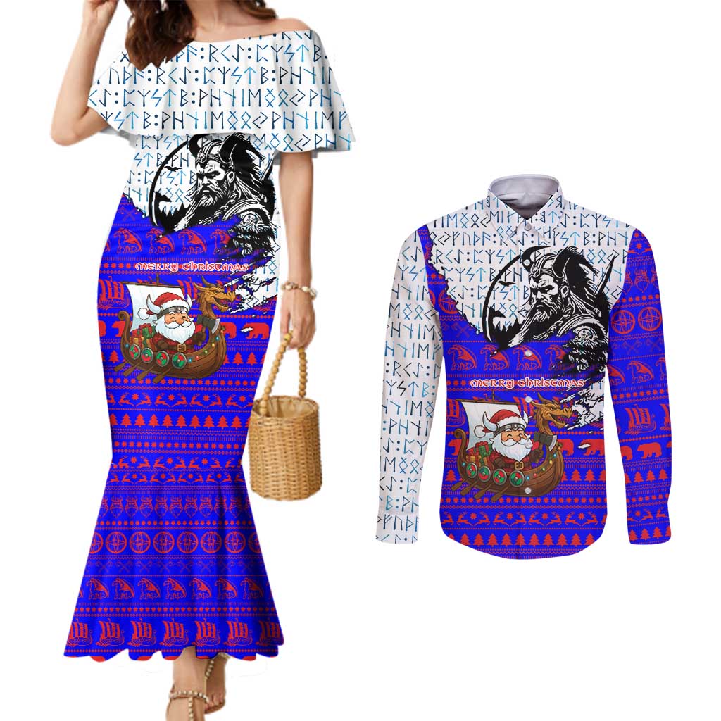 Viking Christmas Couples Matching Mermaid Dress and Long Sleeve Button Shirt with Santa in Longship Dragon Head Helmet Runes Blue Red Knit Pattern Design - Wonder Print Shop