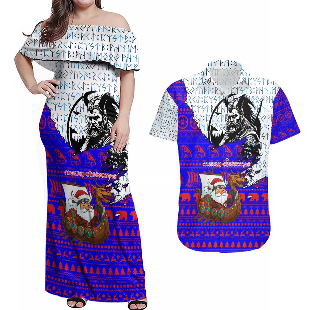 Viking Christmas Couples Matching Off Shoulder Maxi Dress and Hawaiian Shirt with Santa in Longship Dragon Head Helmet Runes Blue Red Knit Pattern Design - Wonder Print Shop