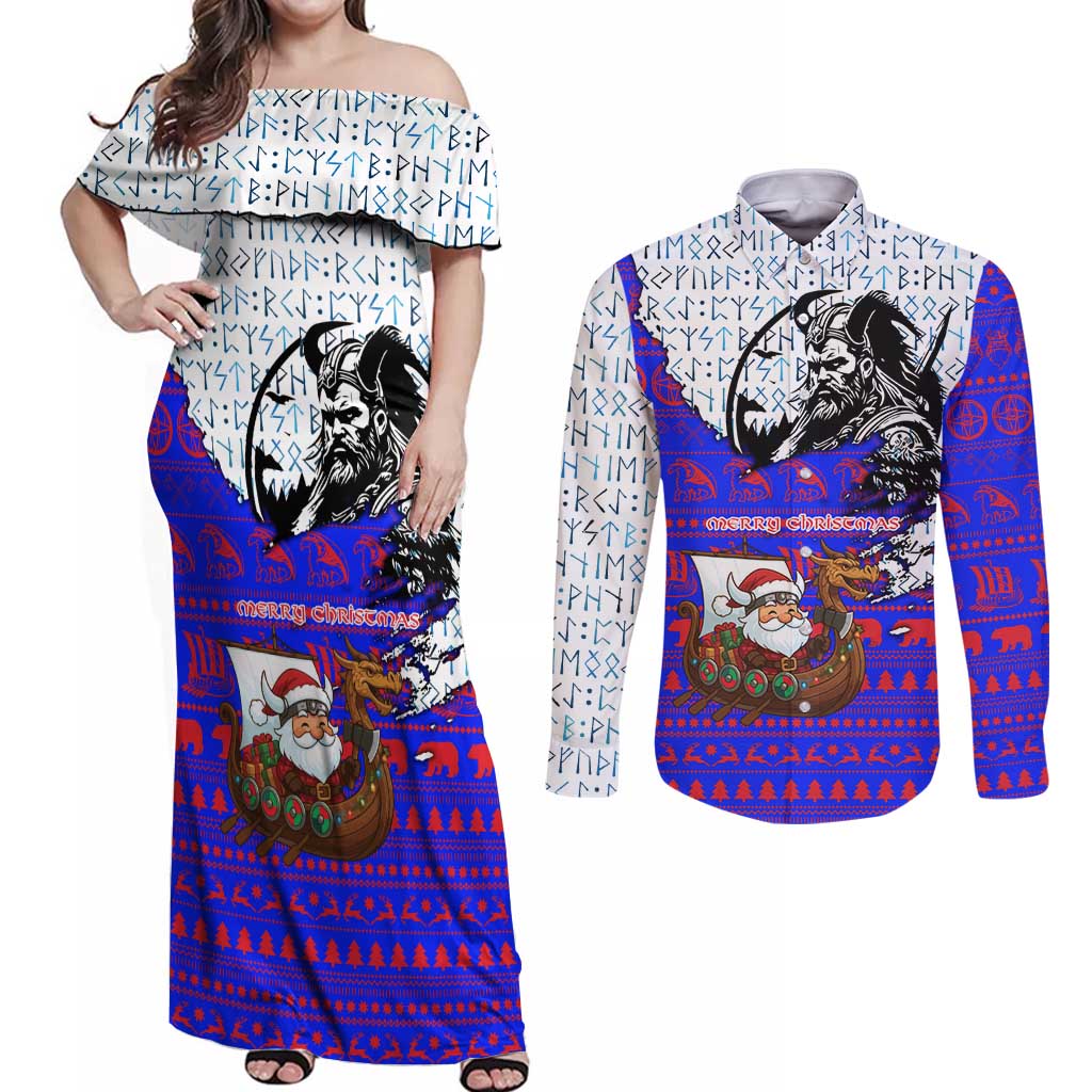 Viking Christmas Couples Matching Off Shoulder Maxi Dress and Long Sleeve Button Shirt with Santa in Longship Dragon Head Helmet Runes Blue Red Knit Pattern Design - Wonder Print Shop