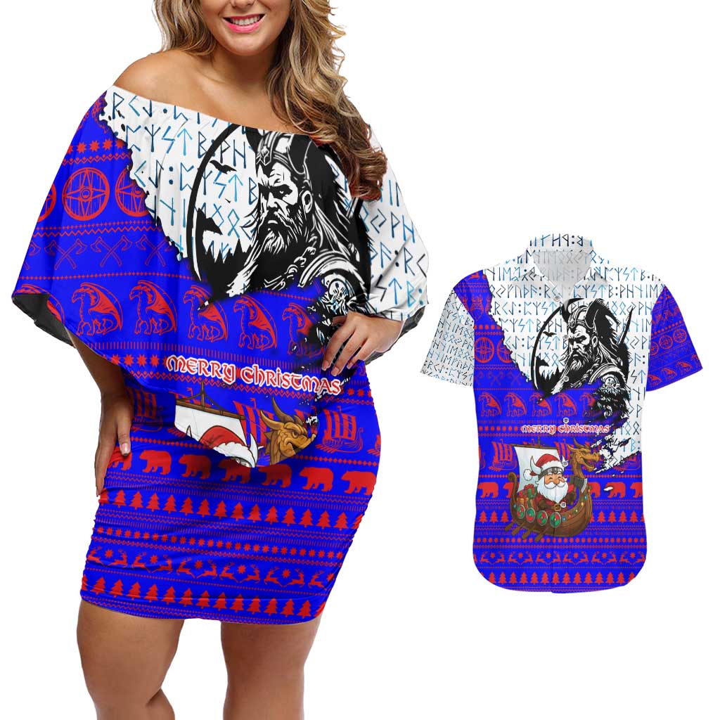 Viking Christmas Couples Matching Off Shoulder Short Dress and Hawaiian Shirt with Santa in Longship Dragon Head Helmet Runes Blue Red Knit Pattern Design - Wonder Print Shop