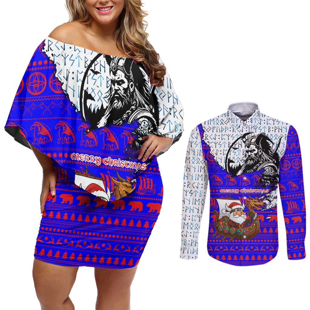 Viking Christmas Couples Matching Off Shoulder Short Dress and Long Sleeve Button Shirt with Santa in Longship Dragon Head Helmet Runes Blue Red Knit Pattern Design - Wonder Print Shop