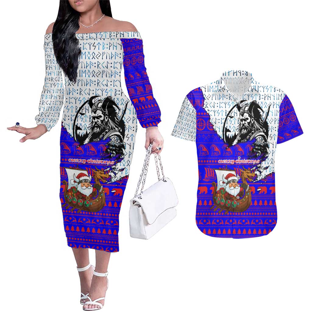 Viking Christmas Couples Matching Off The Shoulder Long Sleeve Dress and Hawaiian Shirt with Santa in Longship Dragon Head Helmet Runes Blue Red Knit Pattern Design - Wonder Print Shop