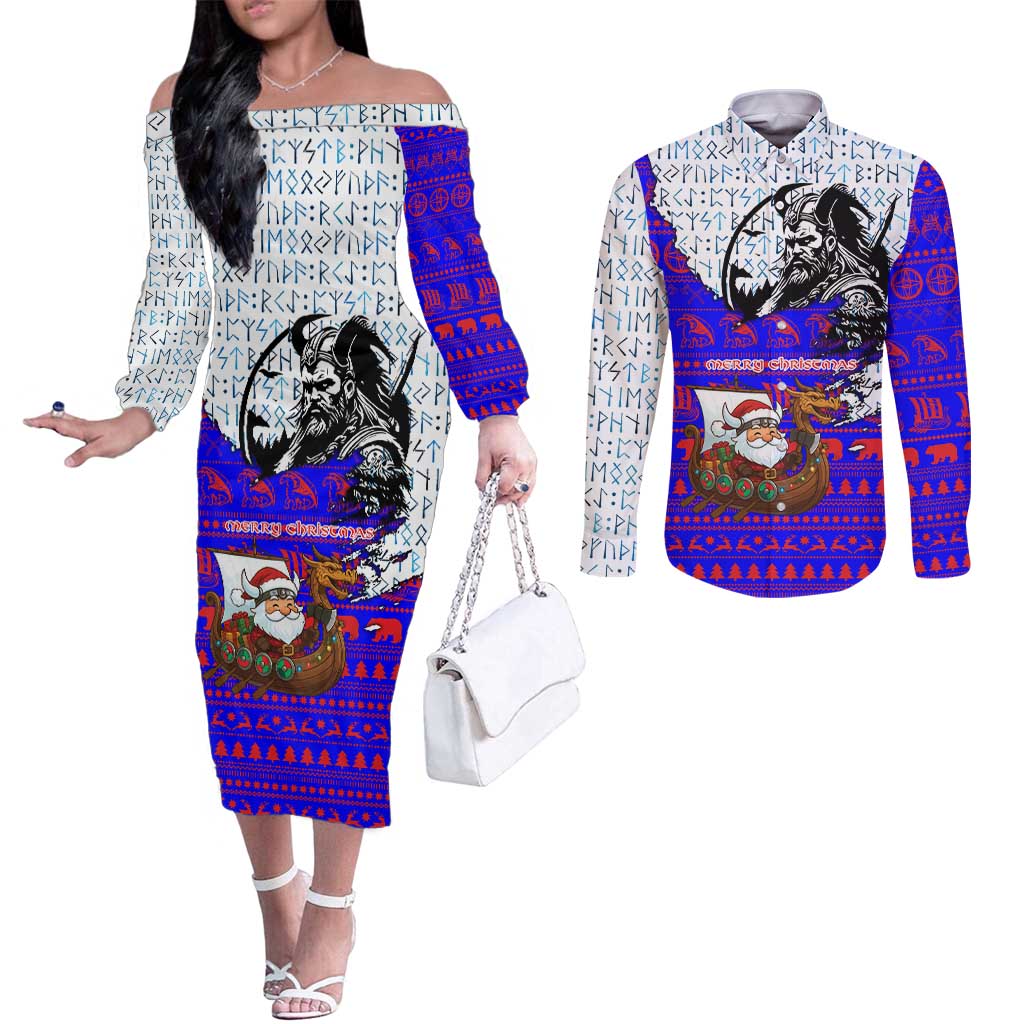 Viking Christmas Couples Matching Off The Shoulder Long Sleeve Dress and Long Sleeve Button Shirt with Santa in Longship Dragon Head Helmet Runes Blue Red Knit Pattern Design - Wonder Print Shop