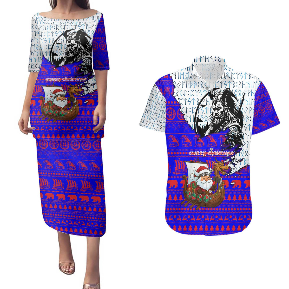 Viking Christmas Couples Matching Puletasi and Hawaiian Shirt with Santa in Longship Dragon Head Helmet Runes Blue Red Knit Pattern Design - Wonder Print Shop