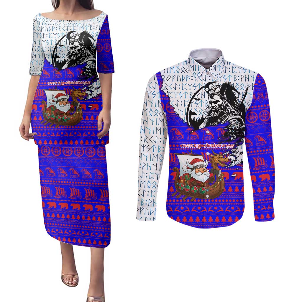 Viking Christmas Couples Matching Puletasi and Long Sleeve Button Shirt with Santa in Longship Dragon Head Helmet Runes Blue Red Knit Pattern Design - Wonder Print Shop