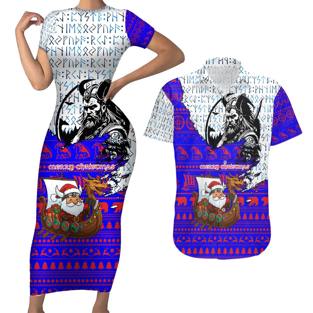 Viking Christmas Couples Matching Short Sleeve Bodycon Dress and Hawaiian Shirt with Santa in Longship Dragon Head Helmet Runes Blue Red Knit Pattern Design - Wonder Print Shop