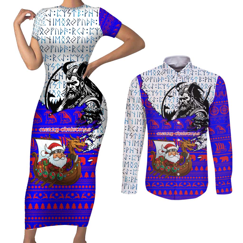 Viking Christmas Couples Matching Short Sleeve Bodycon Dress and Long Sleeve Button Shirt with Santa in Longship Dragon Head Helmet Runes Blue Red Knit Pattern Design - Wonder Print Shop