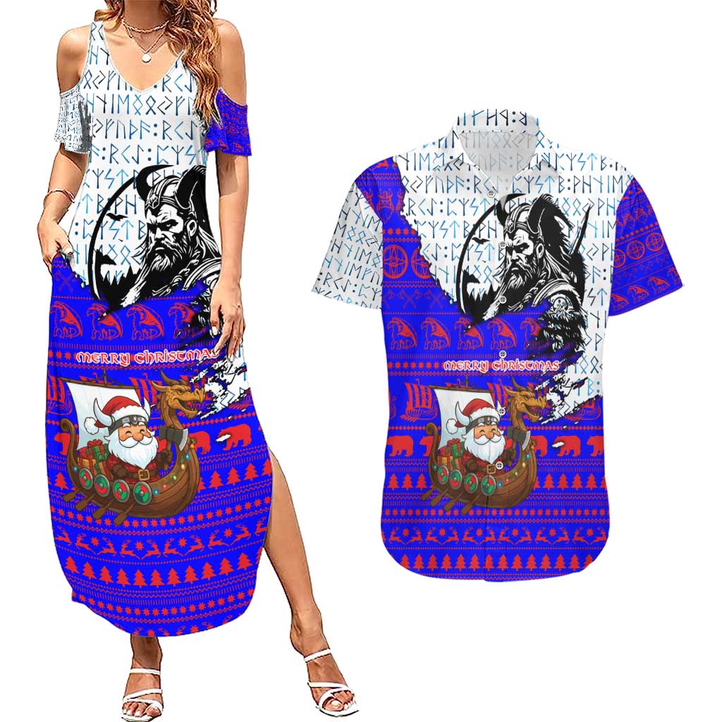 Viking Christmas Couples Matching Summer Maxi Dress and Hawaiian Shirt with Santa in Longship Dragon Head Helmet Runes Blue Red Knit Pattern Design - Wonder Print Shop