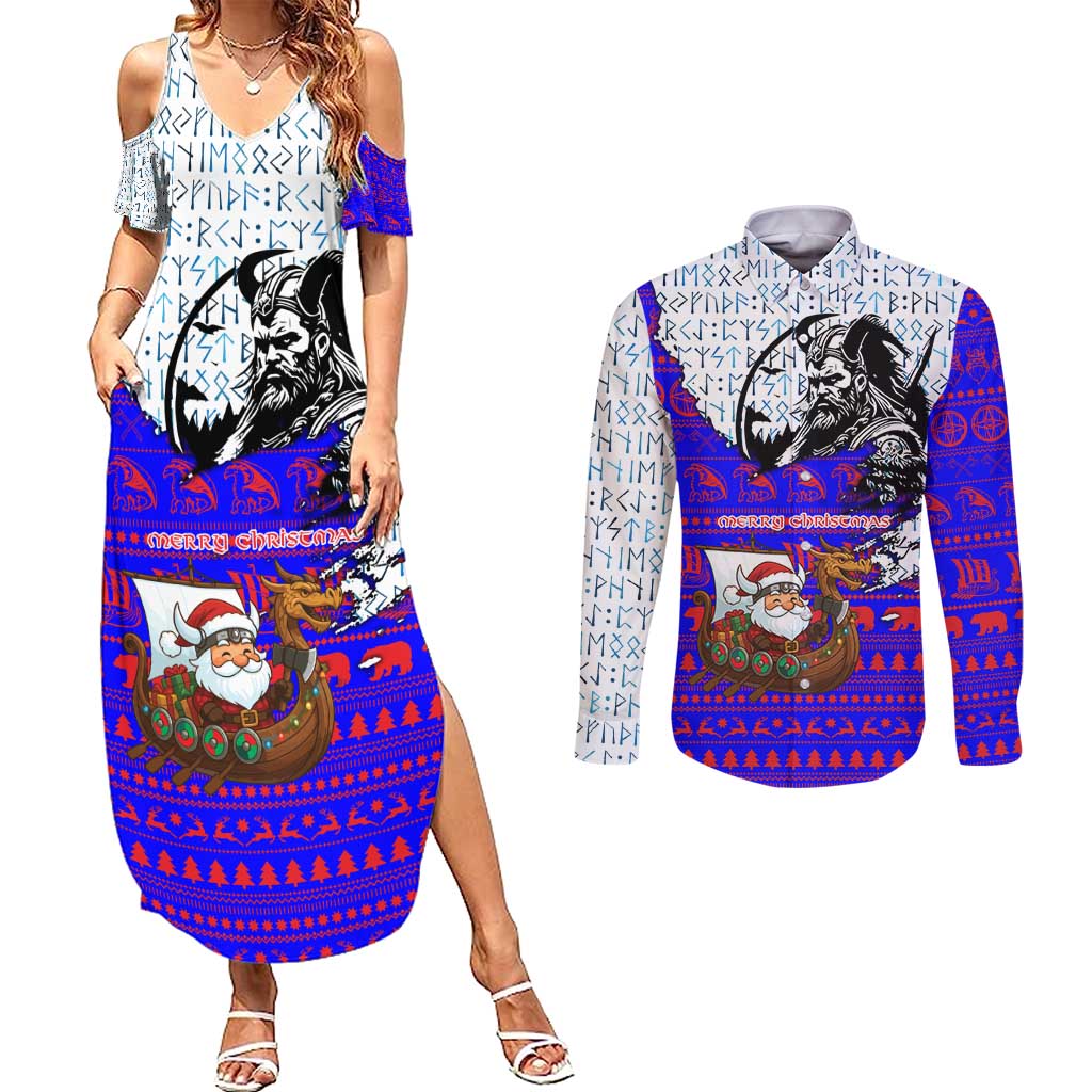 Viking Christmas Couples Matching Summer Maxi Dress and Long Sleeve Button Shirt with Santa in Longship Dragon Head Helmet Runes Blue Red Knit Pattern Design - Wonder Print Shop