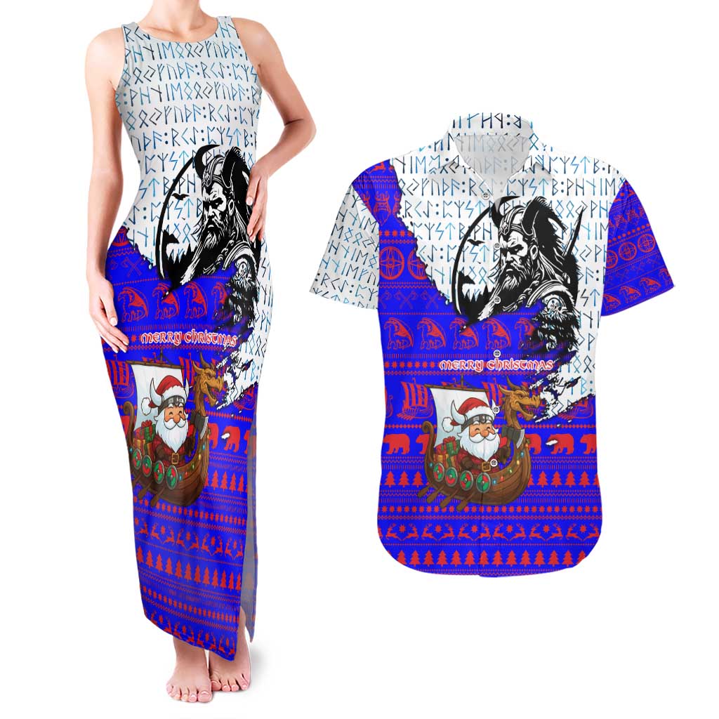 Viking Christmas Couples Matching Tank Maxi Dress and Hawaiian Shirt with Santa in Longship Dragon Head Helmet Runes Blue Red Knit Pattern Design - Wonder Print Shop