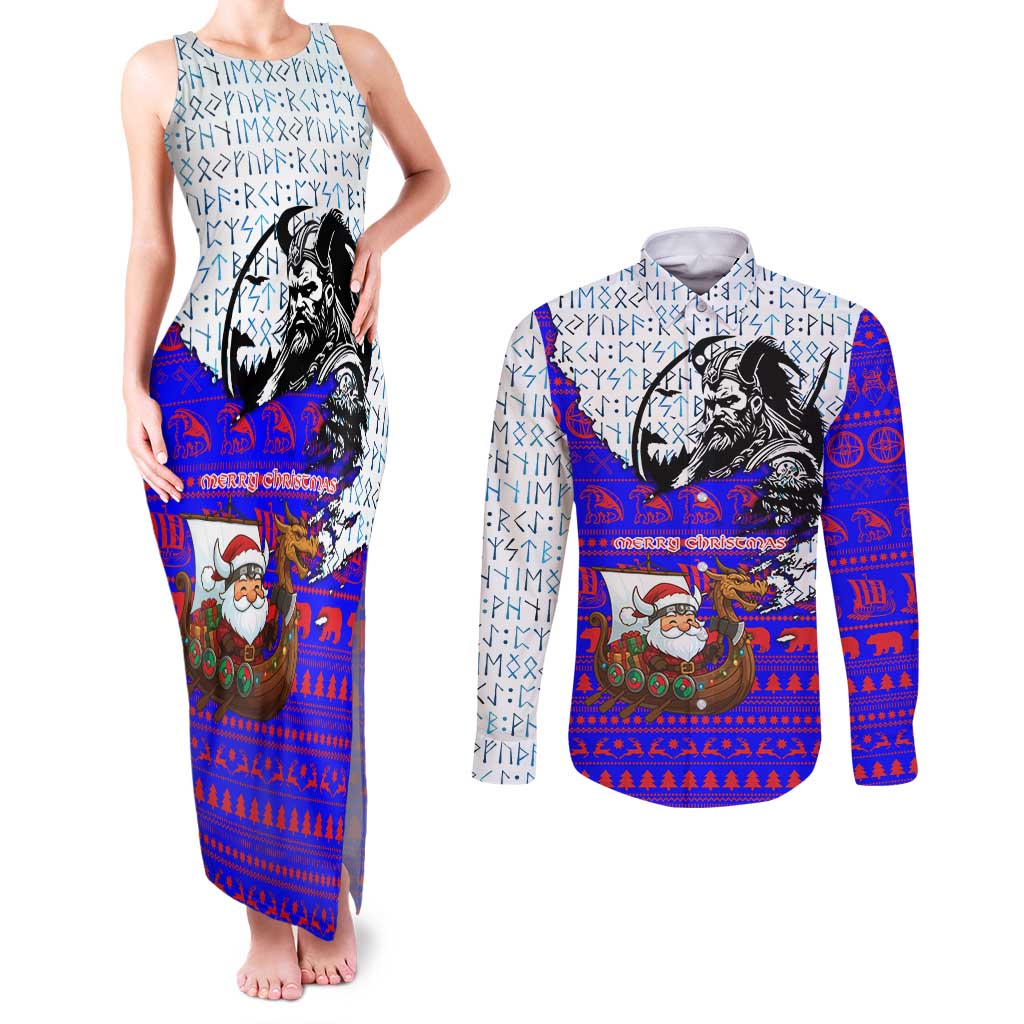 Viking Christmas Couples Matching Tank Maxi Dress and Long Sleeve Button Shirt with Santa in Longship Dragon Head Helmet Runes Blue Red Knit Pattern Design - Wonder Print Shop
