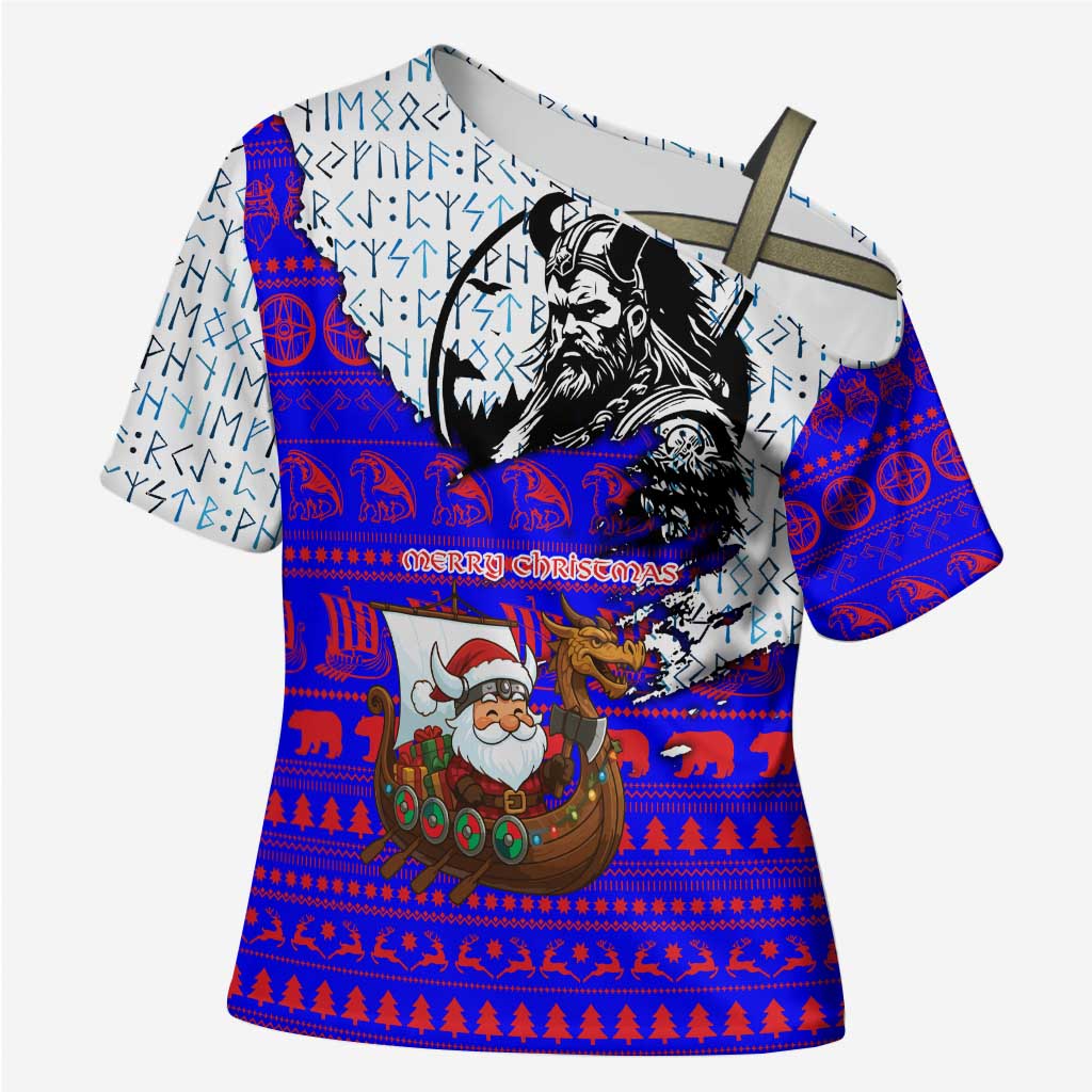 Viking Christmas Cross Shoulder Shirt with Santa in Longship Dragon Head Helmet Runes Blue Red Knit Pattern Design - Wonder Print Shop