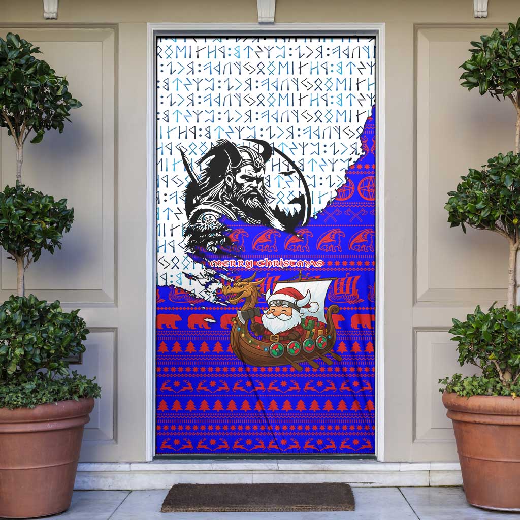 Viking Christmas Door Cover with Santa in Longship Dragon Head Helmet Runes Blue Red Knit Pattern Design - Wonder Print Shop