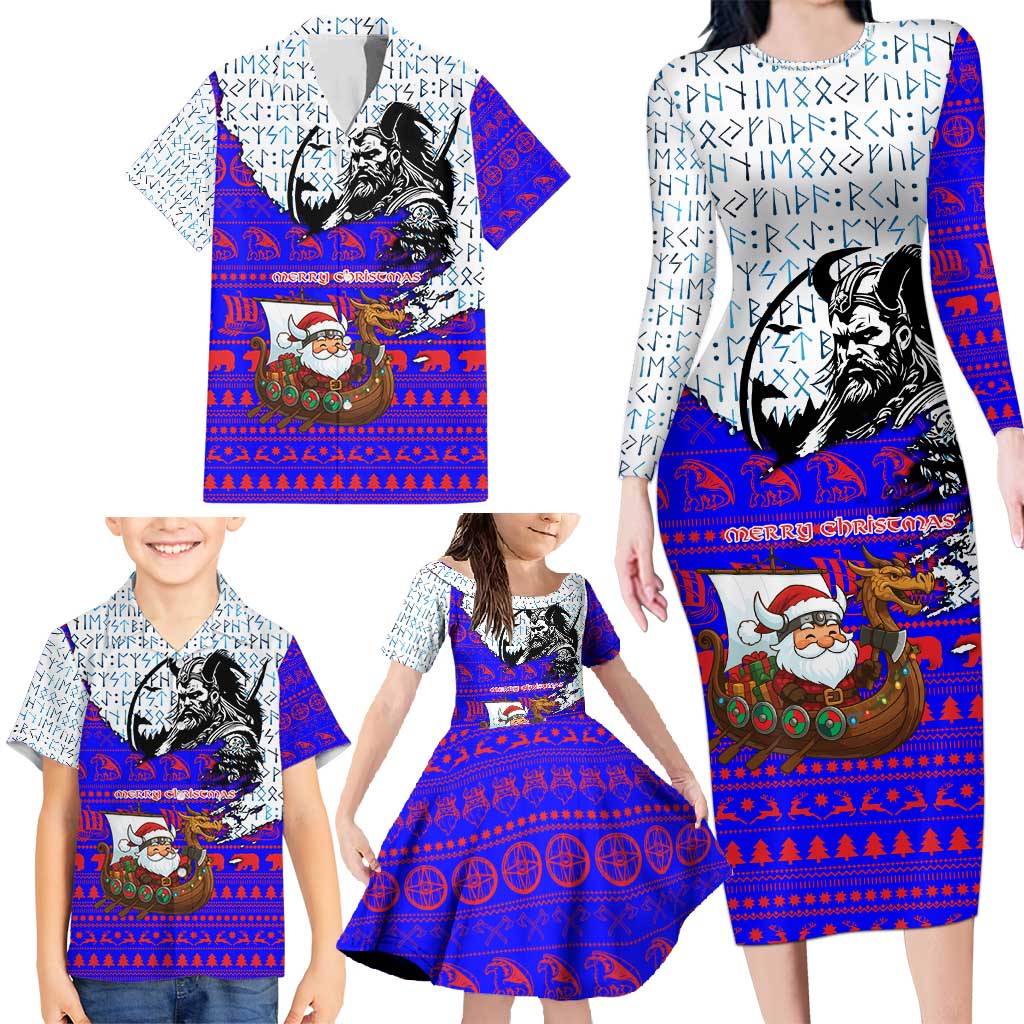 Viking Christmas Family Matching Long Sleeve Bodycon Dress and Hawaiian Shirt with Santa in Longship Dragon Head Helmet Runes Blue Red Knit Pattern Design - Wonder Print Shop