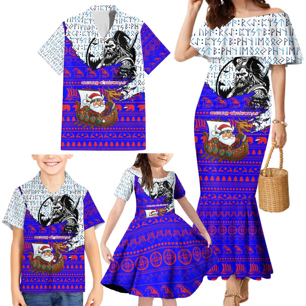 Viking Christmas Family Matching Mermaid Dress and Hawaiian Shirt with Santa in Longship Dragon Head Helmet Runes Blue Red Knit Pattern Design - Wonder Print Shop