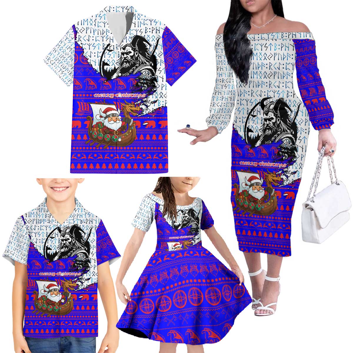 Viking Christmas Family Matching Off The Shoulder Long Sleeve Dress and Hawaiian Shirt with Santa in Longship Dragon Head Helmet Runes Blue Red Knit Pattern Design - Wonder Print Shop