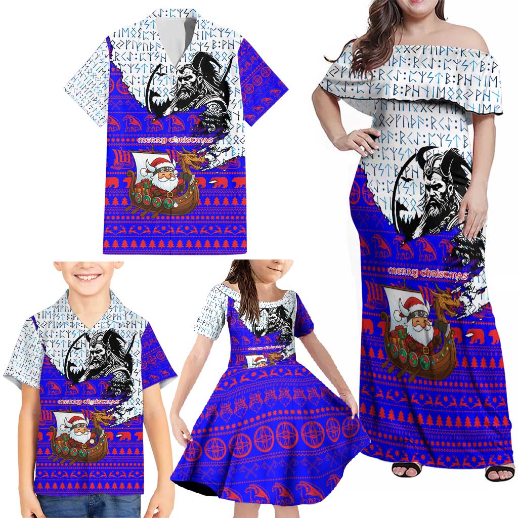 Viking Christmas Family Matching Off Shoulder Maxi Dress and Hawaiian Shirt with Santa in Longship Dragon Head Helmet Runes Blue Red Knit Pattern Design - Wonder Print Shop