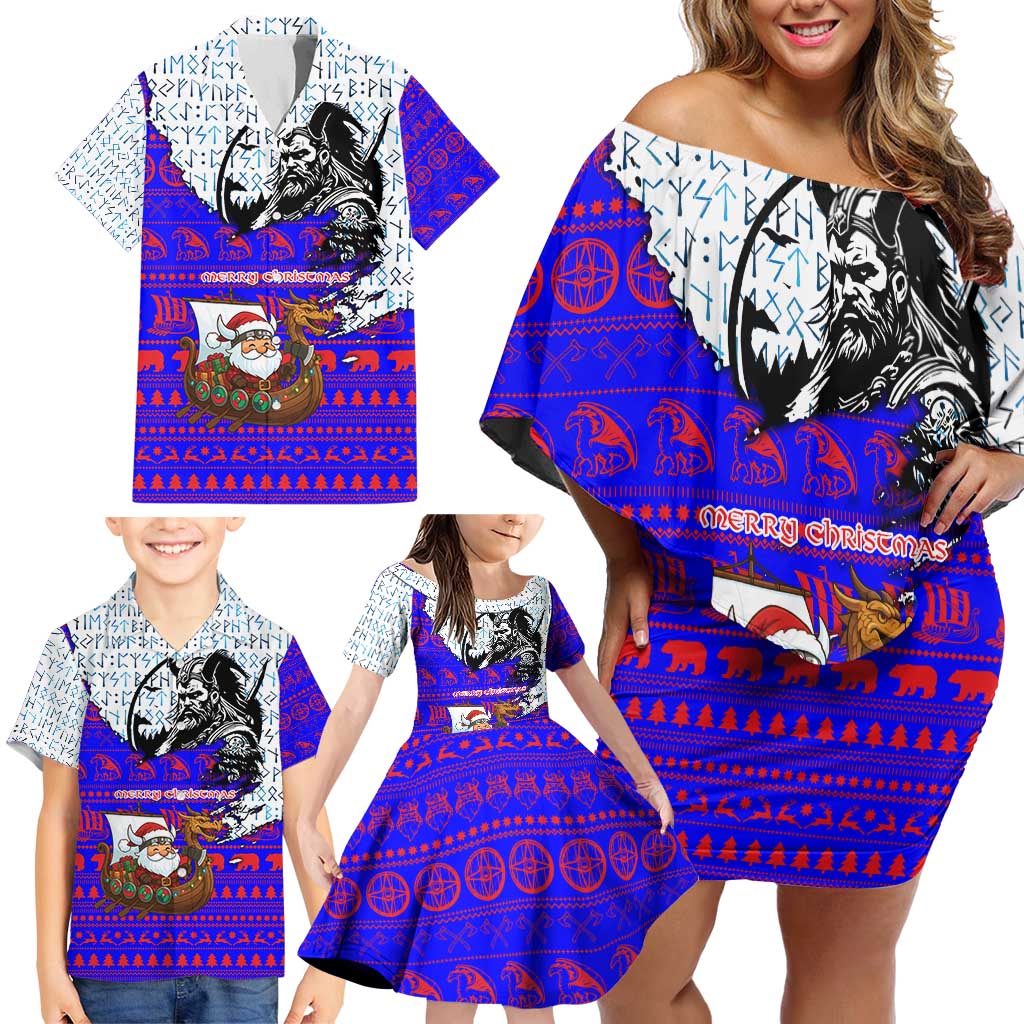 Viking Christmas Family Matching Off Shoulder Short Dress and Hawaiian Shirt with Santa in Longship Dragon Head Helmet Runes Blue Red Knit Pattern Design - Wonder Print Shop