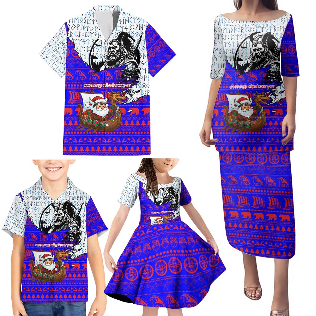 Viking Christmas Family Matching Puletasi and Hawaiian Shirt with Santa in Longship Dragon Head Helmet Runes Blue Red Knit Pattern Design - Wonder Print Shop