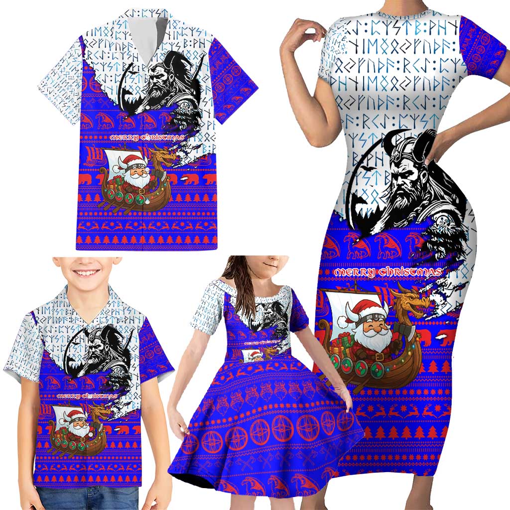 Viking Christmas Family Matching Short Sleeve Bodycon Dress and Hawaiian Shirt with Santa in Longship Dragon Head Helmet Runes Blue Red Knit Pattern Design - Wonder Print Shop