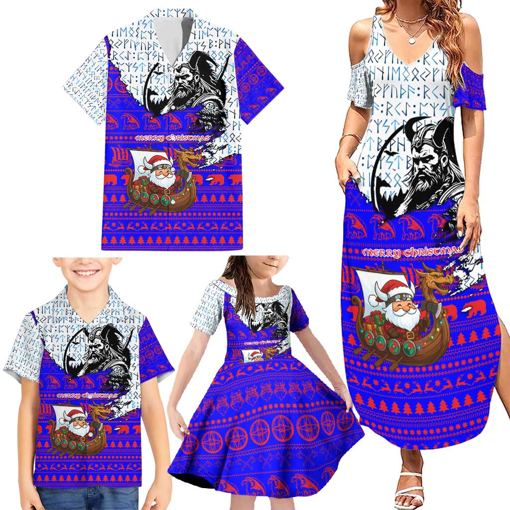 Viking Christmas Family Matching Summer Maxi Dress and Hawaiian Shirt with Santa in Longship Dragon Head Helmet Runes Blue Red Knit Pattern Design - Wonder Print Shop