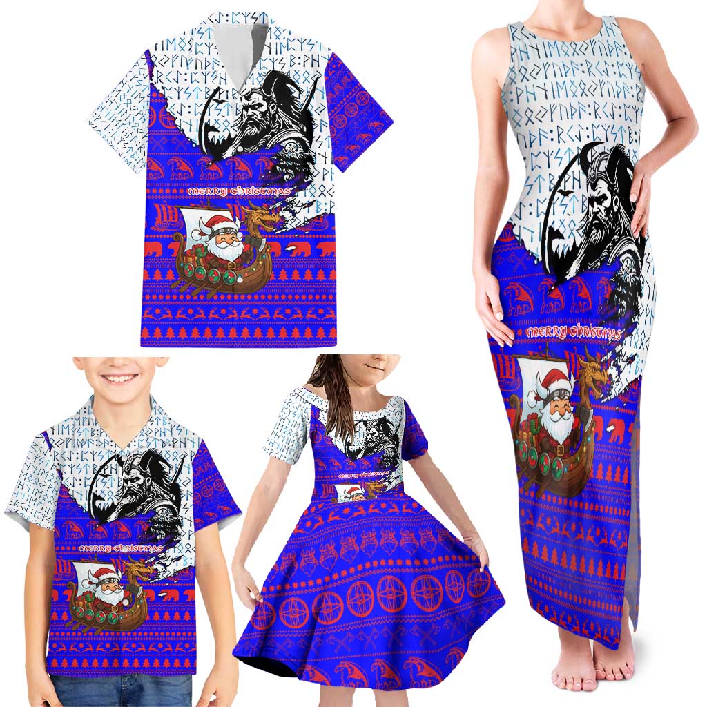 Viking Christmas Family Matching Tank Maxi Dress and Hawaiian Shirt with Santa in Longship Dragon Head Helmet Runes Blue Red Knit Pattern Design - Wonder Print Shop