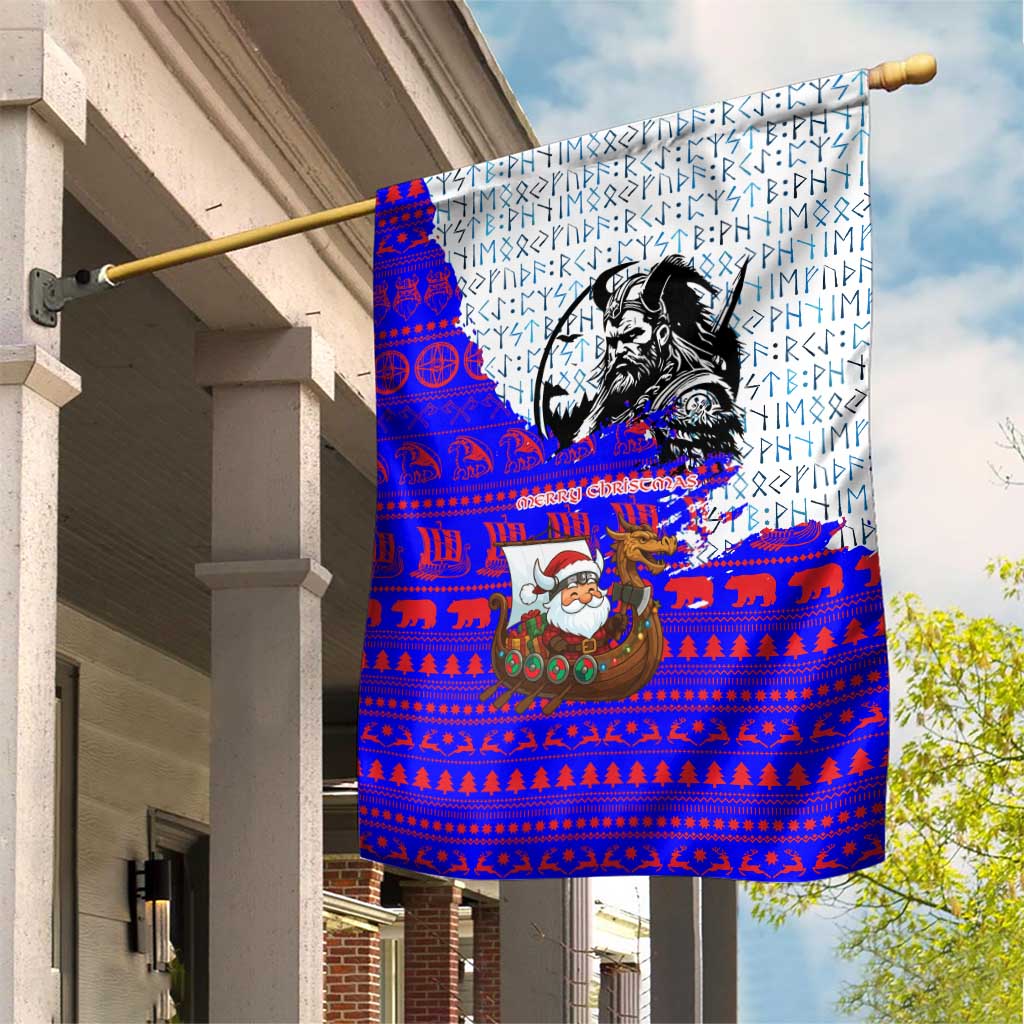 Viking Christmas Garden Flag with Santa in Longship Dragon Head Helmet Runes Blue Red Knit Pattern Design - Wonder Print Shop