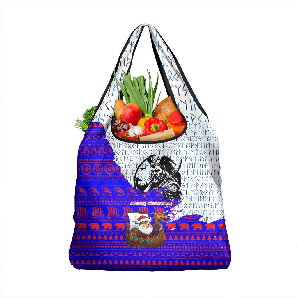 Viking Christmas Grocery Bag with Santa in Longship Dragon Head Helmet Runes Blue Red Knit Pattern Design - Wonder Print Shop