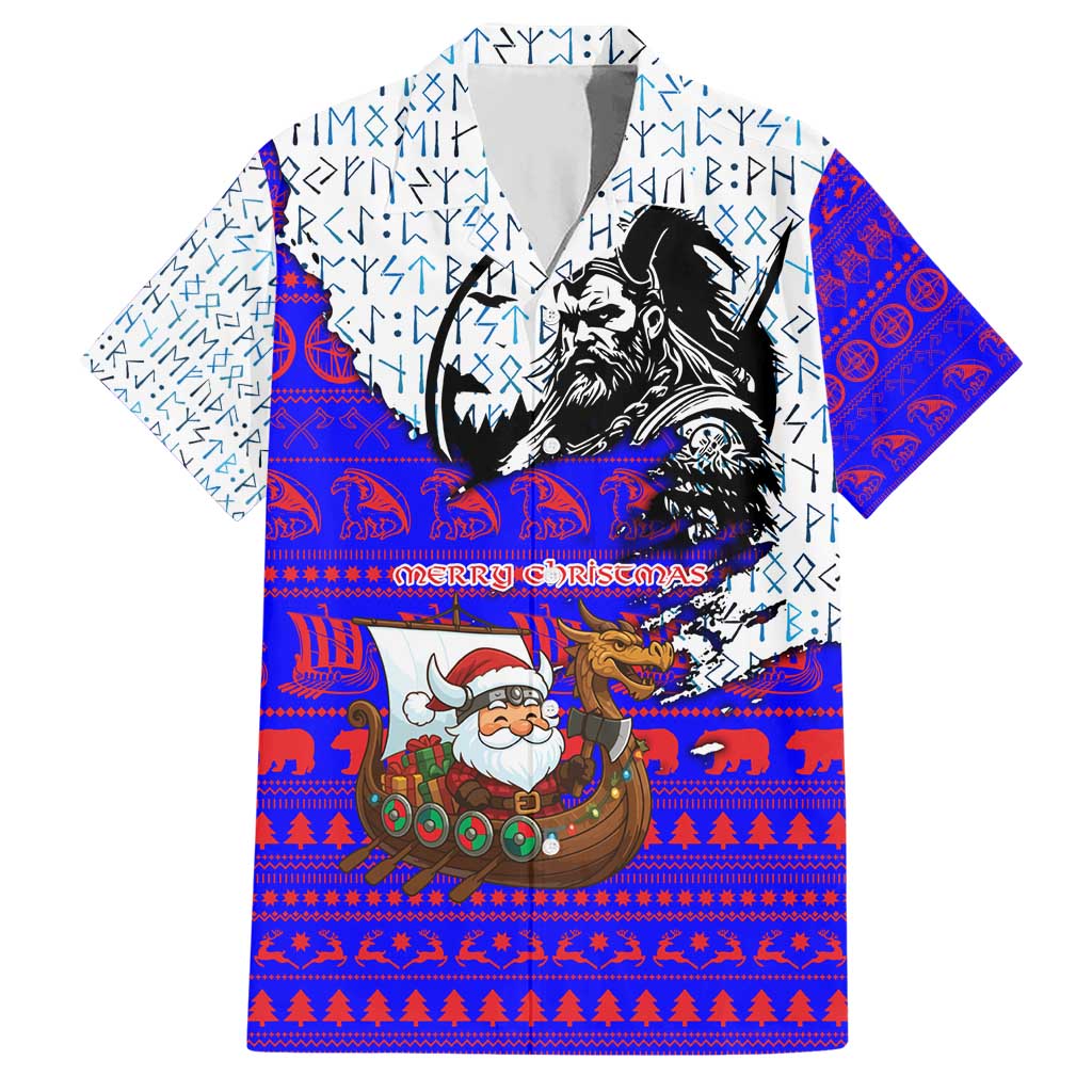 Viking Christmas Hawaiian Shirt with Santa in Longship Dragon Head Helmet Runes Blue Red Knit Pattern Design - Wonder Print Shop