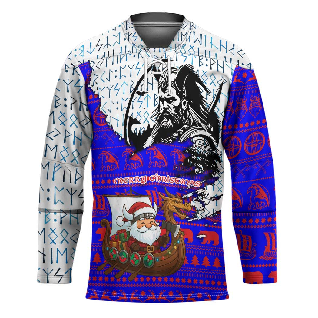 Viking Christmas Hockey Jersey with Santa in Longship Dragon Head Helmet Runes Blue Red Knit Pattern Design - Wonder Print Shop