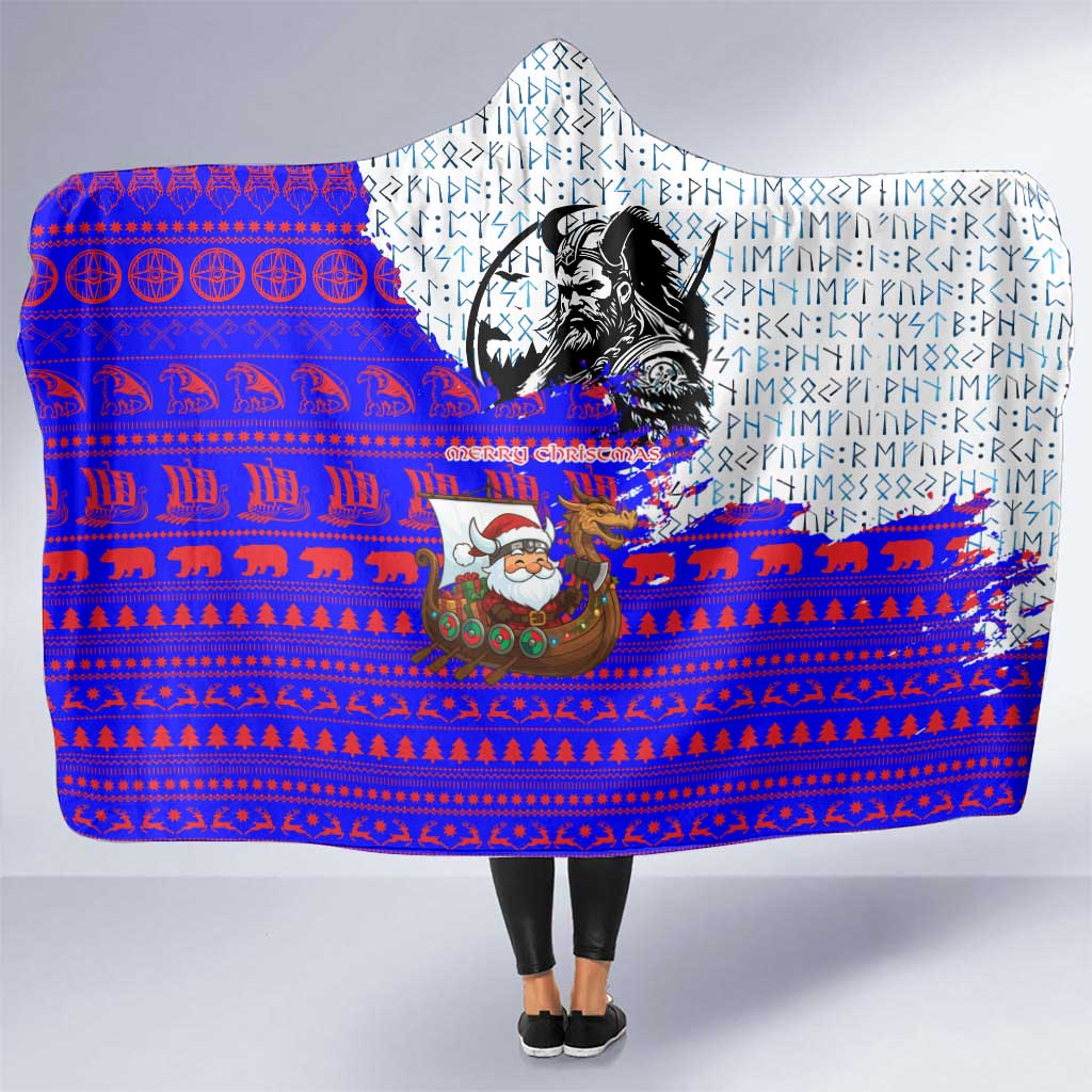Viking Christmas Hooded Blanket with Santa in Longship Dragon Head Helmet Runes Blue Red Knit Pattern Design - Wonder Print Shop