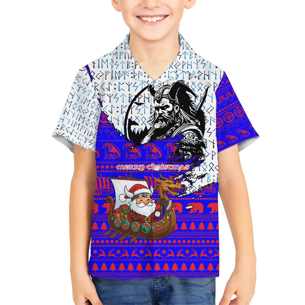 Viking Christmas Kid Hawaiian Shirt with Santa in Longship Dragon Head Helmet Runes Blue Red Knit Pattern Design - Wonder Print Shop