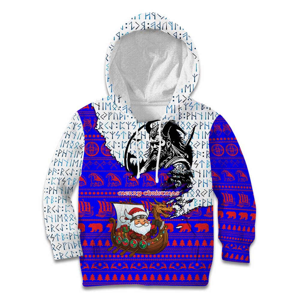 Viking Christmas Kid Hoodie with Santa in Longship Dragon Head Helmet Runes Blue Red Knit Pattern Design - Wonder Print Shop