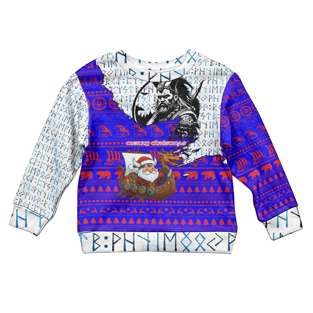 Viking Christmas Kid Ugly Christmas Sweater with Santa in Longship Dragon Head Helmet Runes Blue Red Knit Pattern Design - Wonder Print Shop