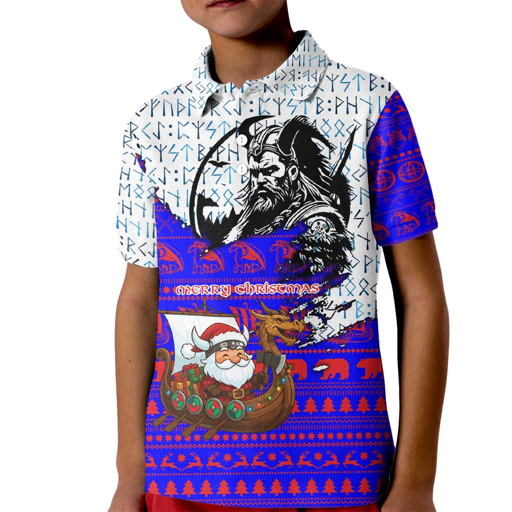 Viking Christmas Kid Polo Shirt with Santa in Longship Dragon Head Helmet Runes Blue Red Knit Pattern Design - Wonder Print Shop