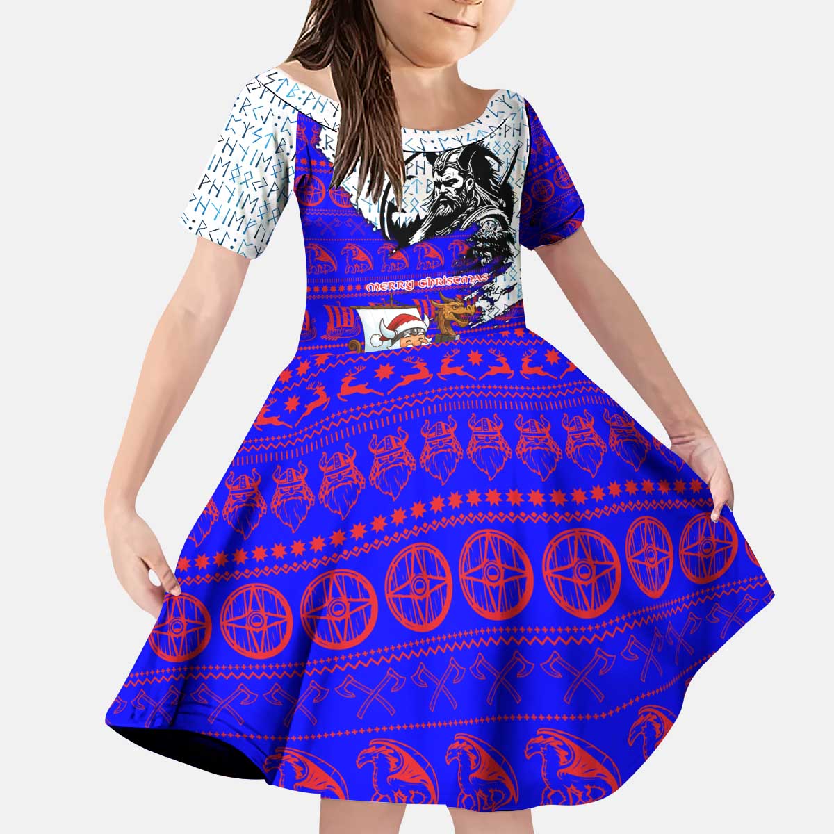 Viking Christmas Kid Short Sleeve Dress with Santa in Longship Dragon Head Helmet Runes Blue Red Knit Pattern Design - Wonder Print Shop