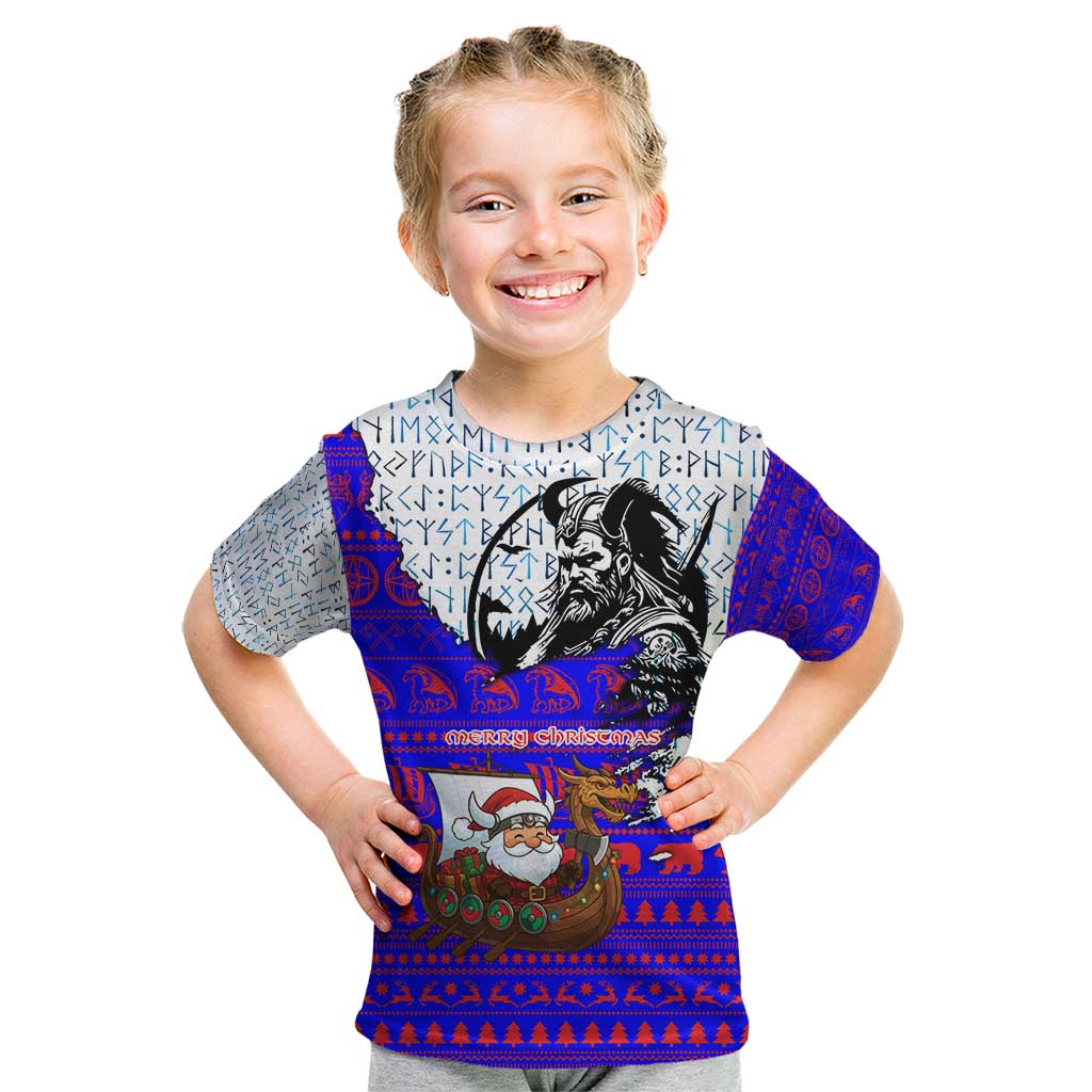 Viking Christmas Kid T Shirt with Santa in Longship Dragon Head Helmet Runes Blue Red Knit Pattern Design - Wonder Print Shop