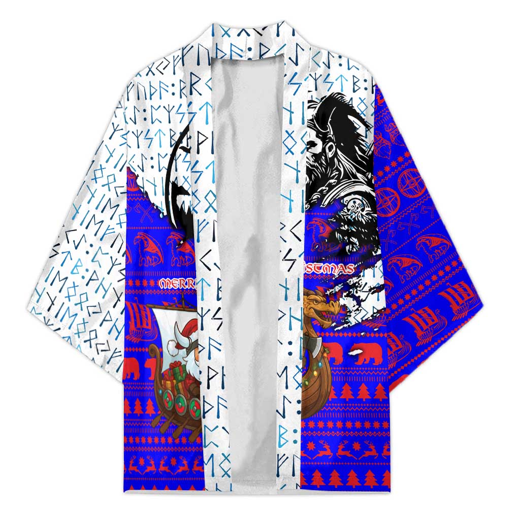 Viking Christmas Kimono with Santa in Longship Dragon Head Helmet Runes Blue Red Knit Pattern Design - Wonder Print Shop