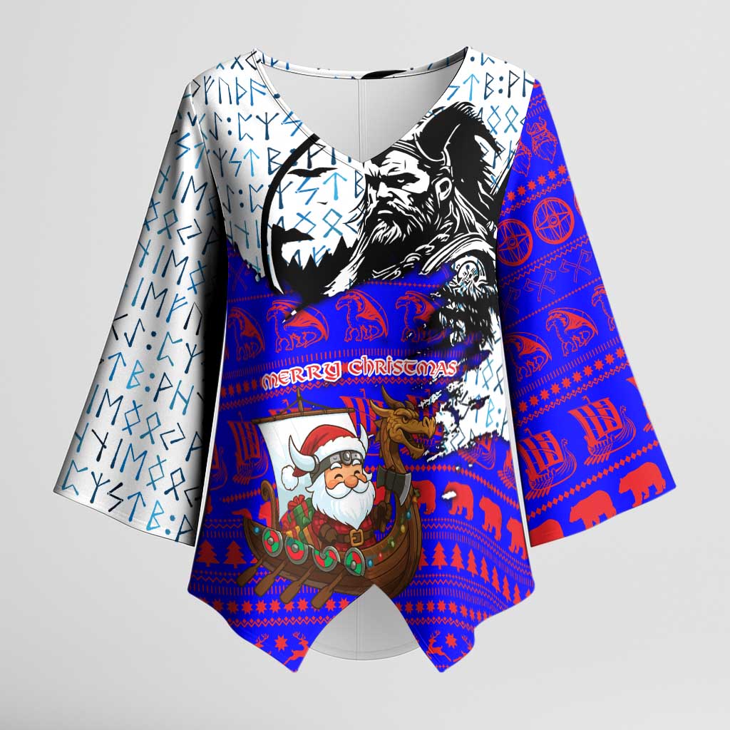 Viking Christmas Kimono Sleeve Blouse with Santa in Longship Dragon Head Helmet Runes Blue Red Knit Pattern Design - Wonder Print Shop